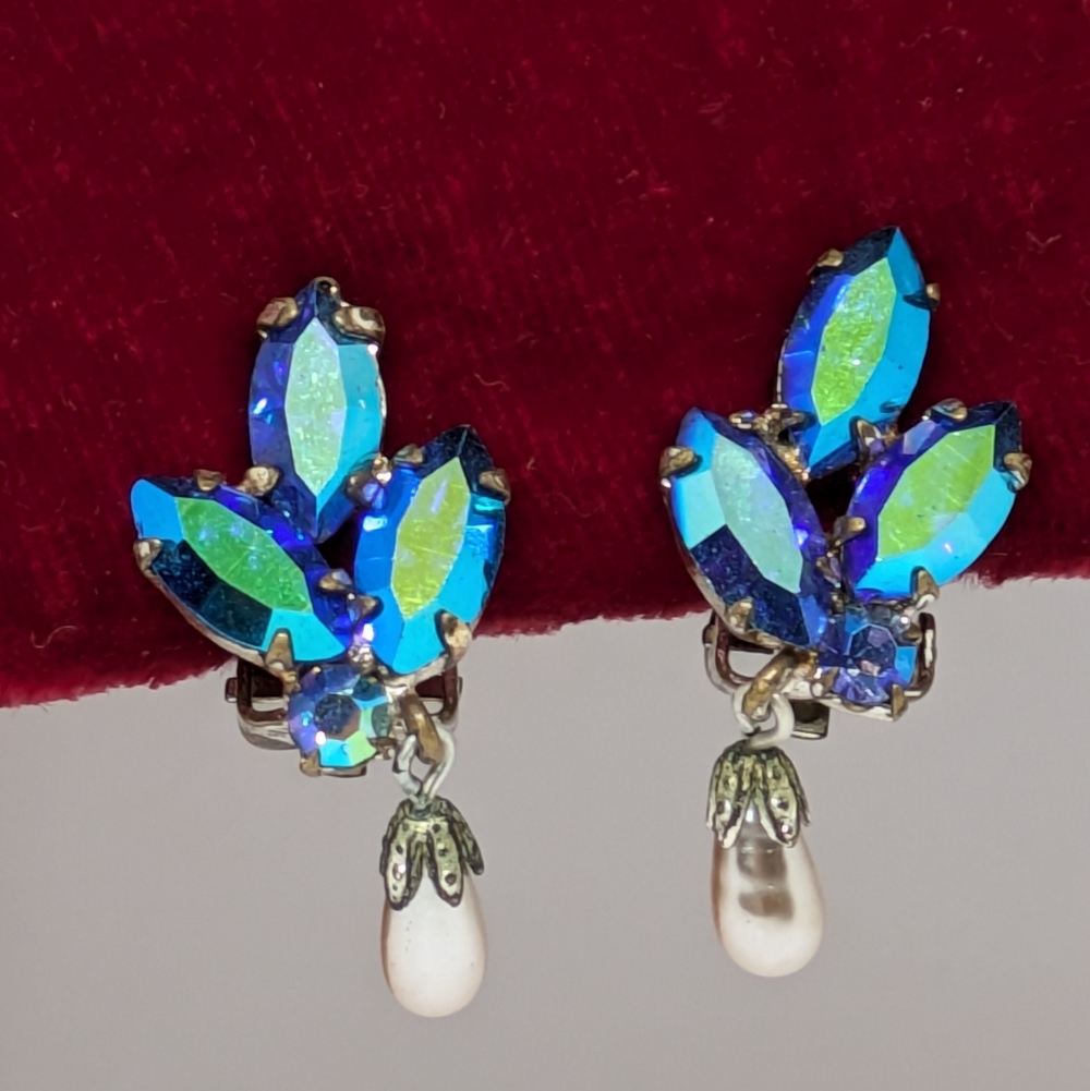 Vintage Blue Rhinestone Earrings Teardrop Pearl Drop Clip-on Please Read
